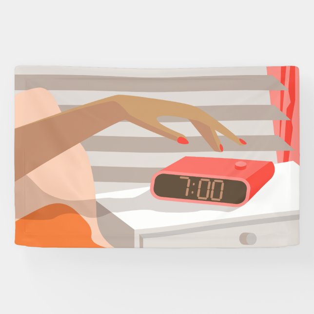 Womans hand pushing on alarm clock snooze button banner (Horizontal)