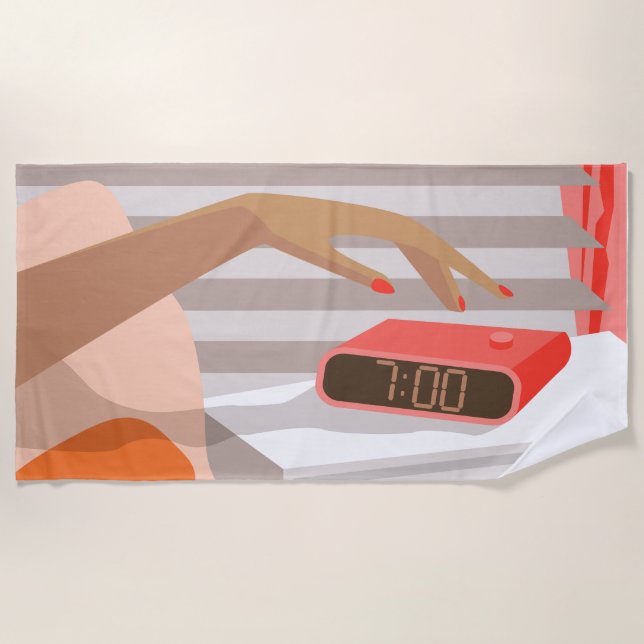Womans hand pushing on alarm clock snooze button beach towel (Front)