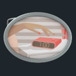 Womans hand pushing on alarm clock snooze button belt buckle<br><div class="desc">Morning composition in glamour girl bedroom interior</div>