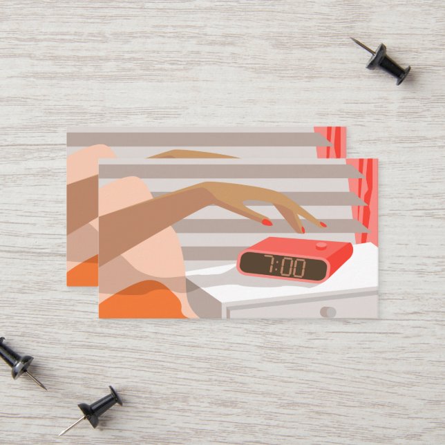 Womans hand pushing on alarm clock snooze button calling card (Front/Back In Situ)