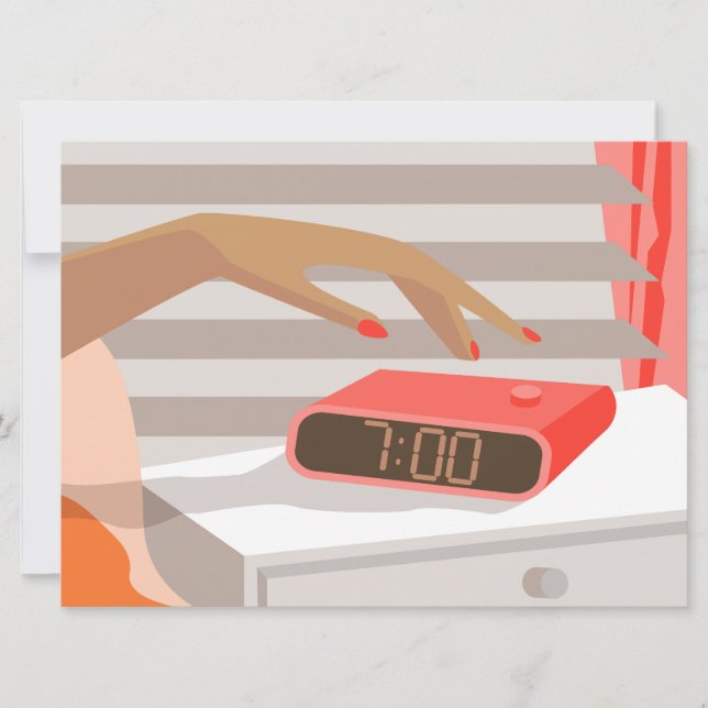 Womans hand pushing on alarm clock snooze button card (Front)