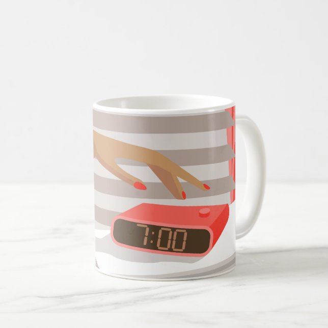 Womans hand pushing on alarm clock snooze button coffee mug (Front Right)
