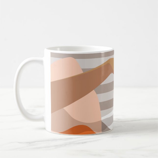 Womans hand pushing on alarm clock snooze button coffee mug (Left)
