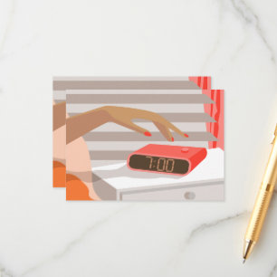 Womans hand pushing on alarm clock snooze button enclosure card