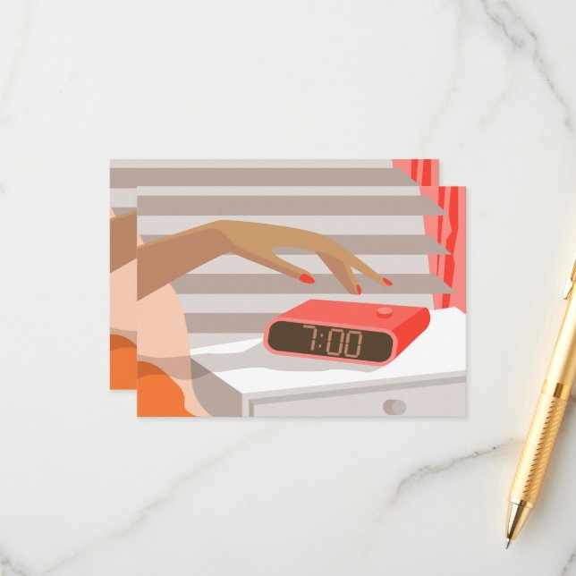 Womans hand pushing on alarm clock snooze button enclosure card (Front/Back In Situ)