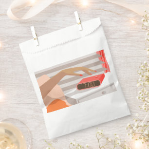 Womans hand pushing on alarm clock snooze button favour bag