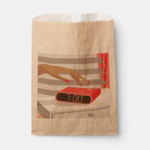 Womans hand pushing on alarm clock snooze button favour bag
