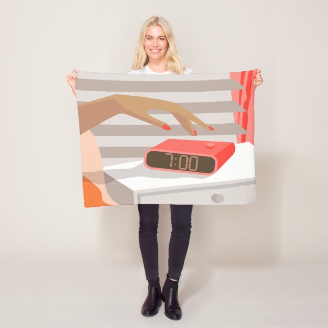 Womans hand pushing on alarm clock snooze button fleece blanket (In Situ)
