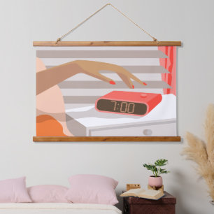 Womans hand pushing on alarm clock snooze button hanging tapestry