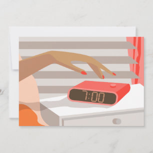 Womans hand pushing on alarm clock snooze button invitation