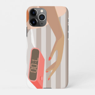 Womans hand pushing on alarm clock snooze button iPhone 11Pro case