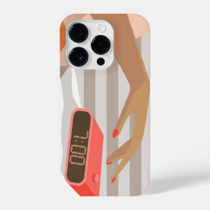 Womans hand pushing on alarm clock snooze button iPhone 14 pro case