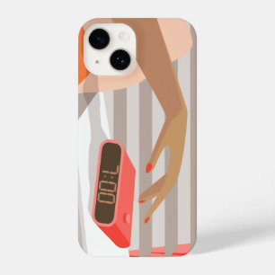 Womans hand pushing on alarm clock snooze button iPhone 14 case