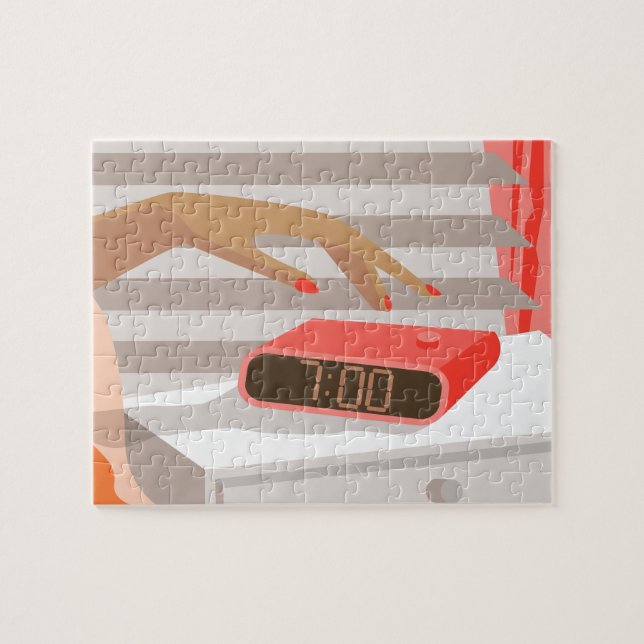 Womans hand pushing on alarm clock snooze button jigsaw puzzle (Horizontal)