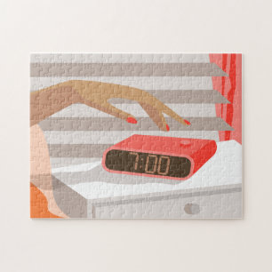 Womans hand pushing on alarm clock snooze button jigsaw puzzle