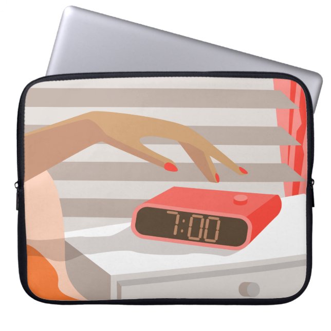 Womans hand pushing on alarm clock snooze button laptop sleeve (Front)