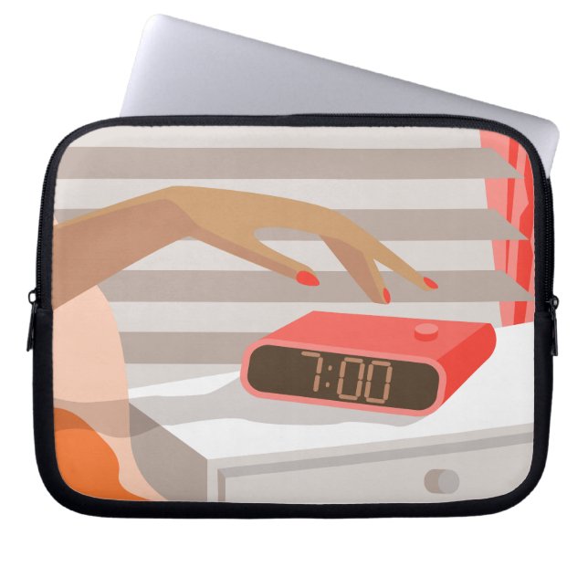 Womans hand pushing on alarm clock snooze button laptop sleeve (Front)
