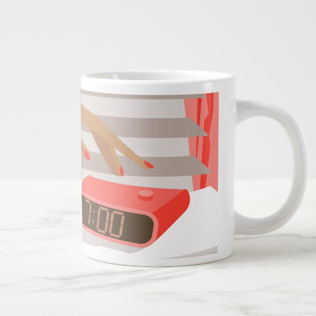 Womans hand pushing on alarm clock snooze button large coffee mug (Right)