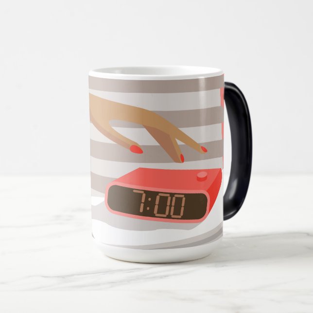 Womans hand pushing on alarm clock snooze button magic mug (Front Right)