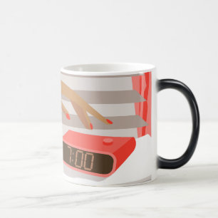Womans hand pushing on alarm clock snooze button magic mug