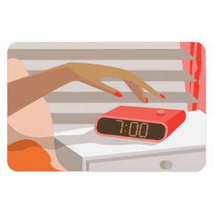 Womans hand pushing on alarm clock snooze button magnet