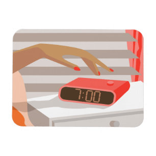 Womans hand pushing on alarm clock snooze button magnet
