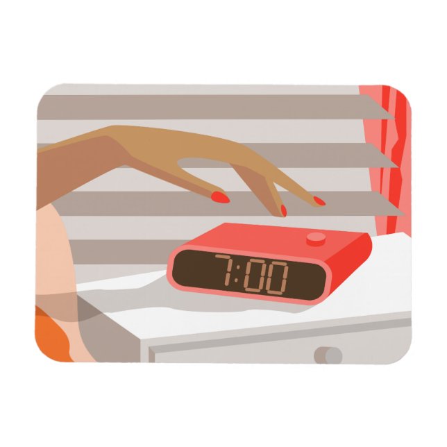 Womans hand pushing on alarm clock snooze button magnet (Horizontal)