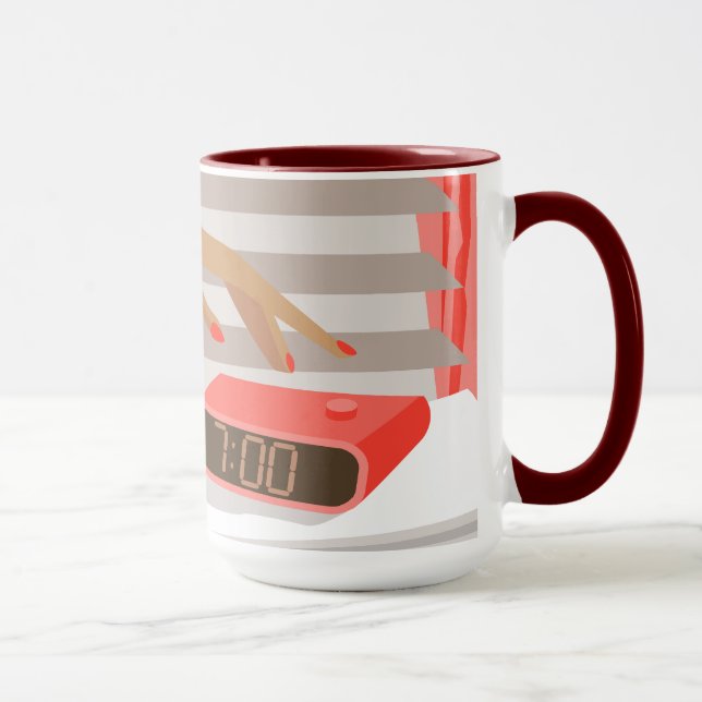 Womans hand pushing on alarm clock snooze button mug (Right)