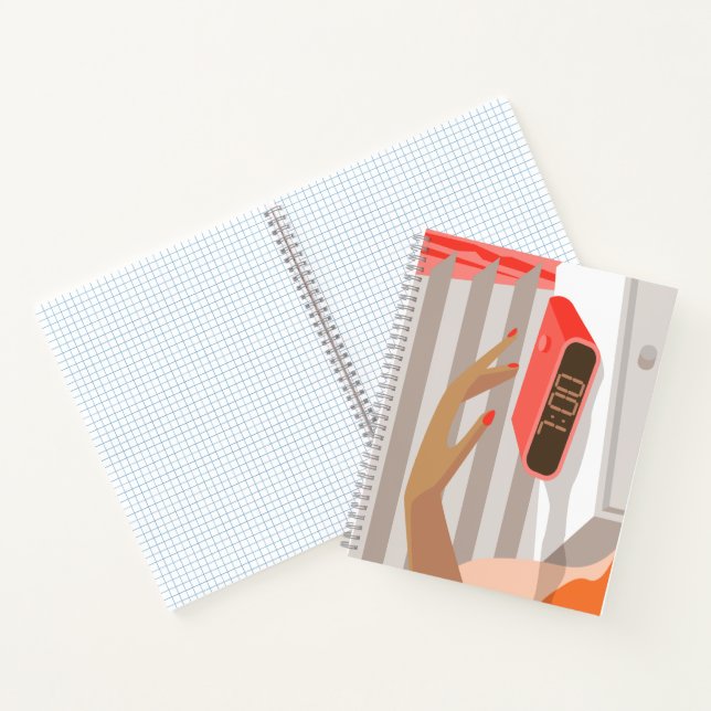 Womans hand pushing on alarm clock snooze button notebook (Inside)