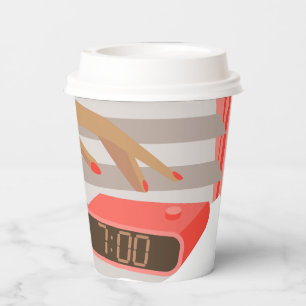 Womans hand pushing on alarm clock snooze button paper cups