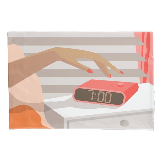Womans hand pushing on alarm clock snooze button pillowcase (Front-Left)