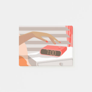 Womans hand pushing on alarm clock snooze button post-it notes