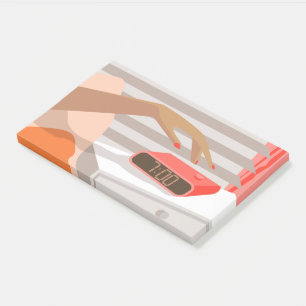 Womans hand pushing on alarm clock snooze button post-it notes
