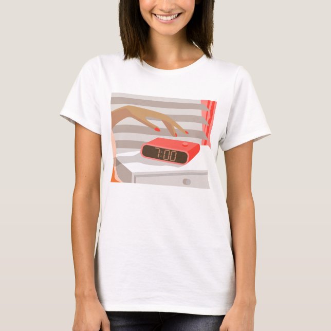 Womans hand pushing on alarm clock snooze button T-Shirt (Front)