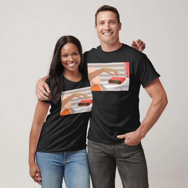 Womans hand pushing on alarm clock snooze button T-Shirt (Unisex)