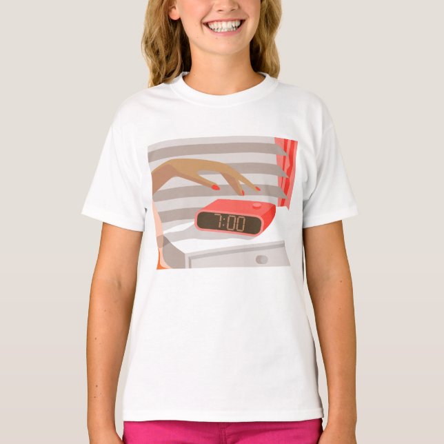 Womans hand pushing on alarm clock snooze button T-Shirt (Front)