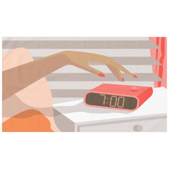 Womans hand pushing on alarm clock snooze button tablecloth (Front (Horizontal))