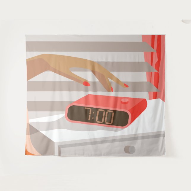 Womans hand pushing on alarm clock snooze button tapestry (Front (Horizontal))