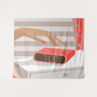 Womans hand pushing on alarm clock snooze button