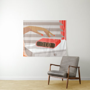 Womans hand pushing on alarm clock snooze button tapestry
