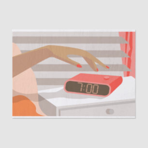 Womans hand pushing on alarm clock snooze button tissue paper