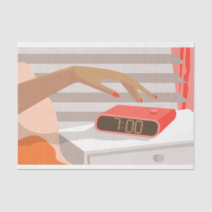 Womans hand pushing on alarm clock snooze button tissue paper