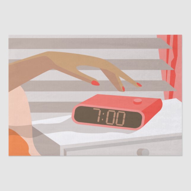 Womans hand pushing on alarm clock snooze button tissue paper (Front)