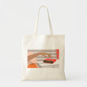 Womans hand pushing on alarm clock snooze button tote bag
