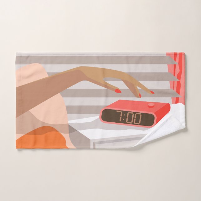Womans hand pushing on alarm clock snooze button towel (Hand Towel)
