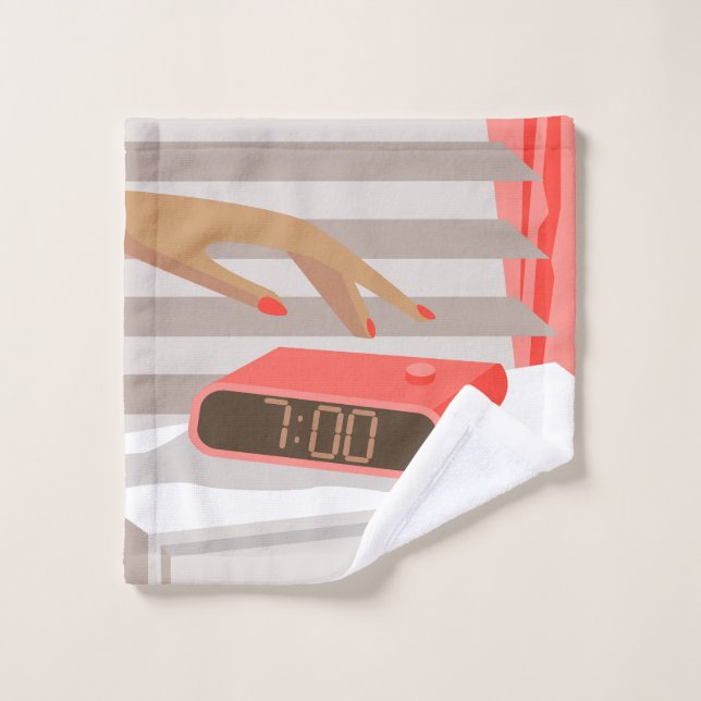 Womans hand pushing on alarm clock snooze button wash cloth (Wash Cloth)