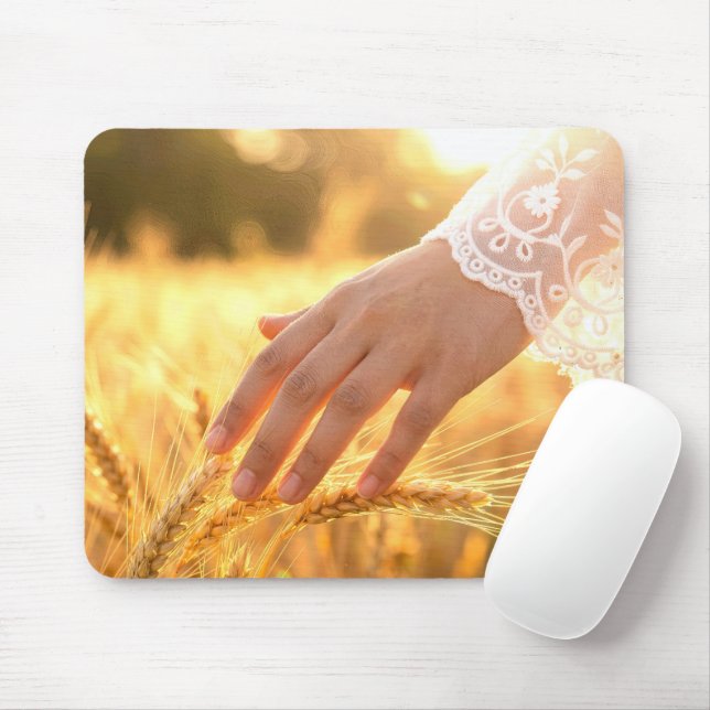 Woman's Hand Touching Wheat Tassels Mouse Pad (With Mouse)