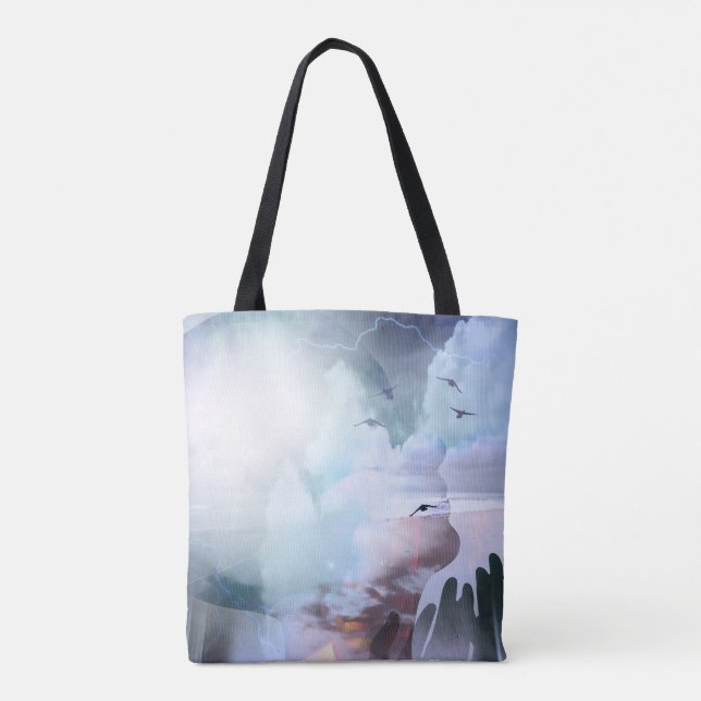 Woman's head silhouette and praying hands tote bag (Back)