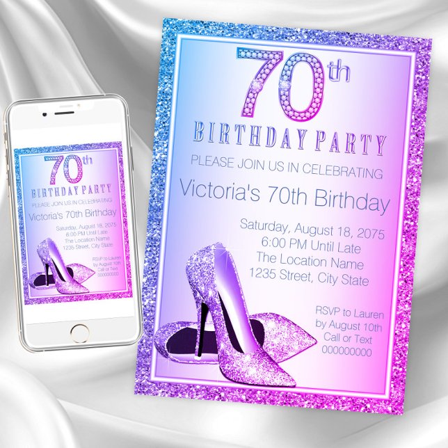 Womans High Heel Shoe 70th Birthday Invitation (Womans 70th birthday party invitation. Instant download and printed invitations available.)