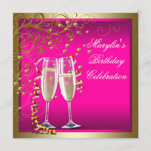 Womans Hot Pink Gold Birthday Party Invitation